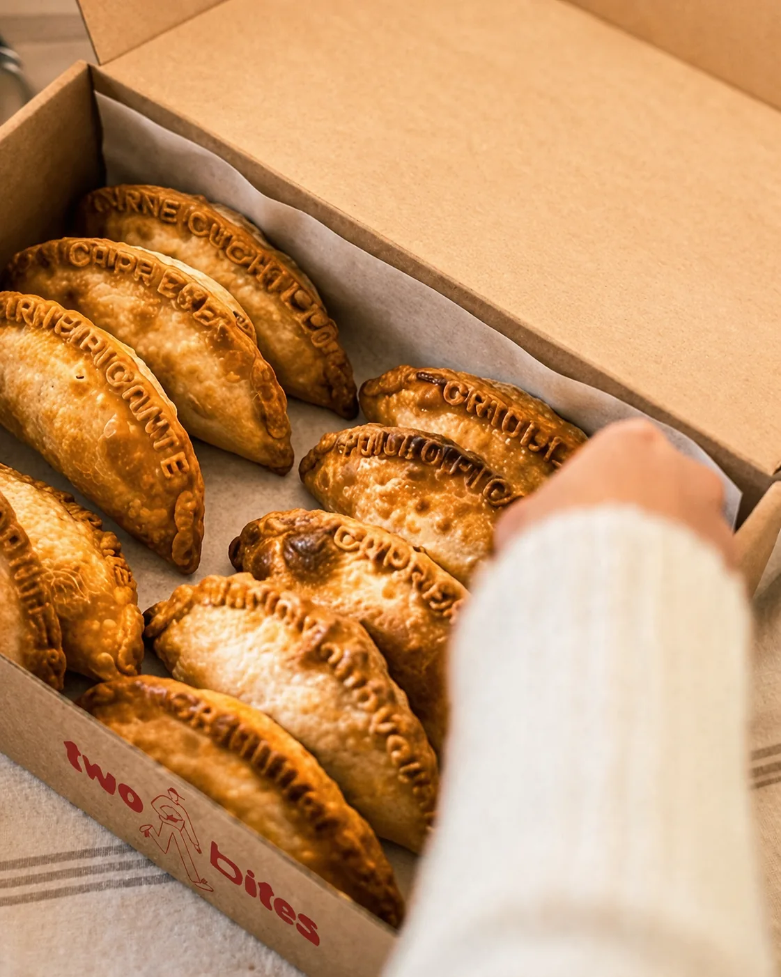 Empanadas argentinas Twobites recién horneadas para catering corporativo